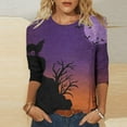 thumbnail image 2 of Odeerbi Halloween Cute Ghost Shirts for Women Vintage Retro Graphic Blouse 2024 Casual Three Quarter Sleeves Round Neck Loose Printed Tops Purple, 2 of 5