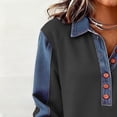 thumbnail image 6 of Women's Waffle Knit Denim Trim Collared Pullover Vintage Half Button Long Sleeve Casual Jean Tops, #02 Gray, M, 6 of 7