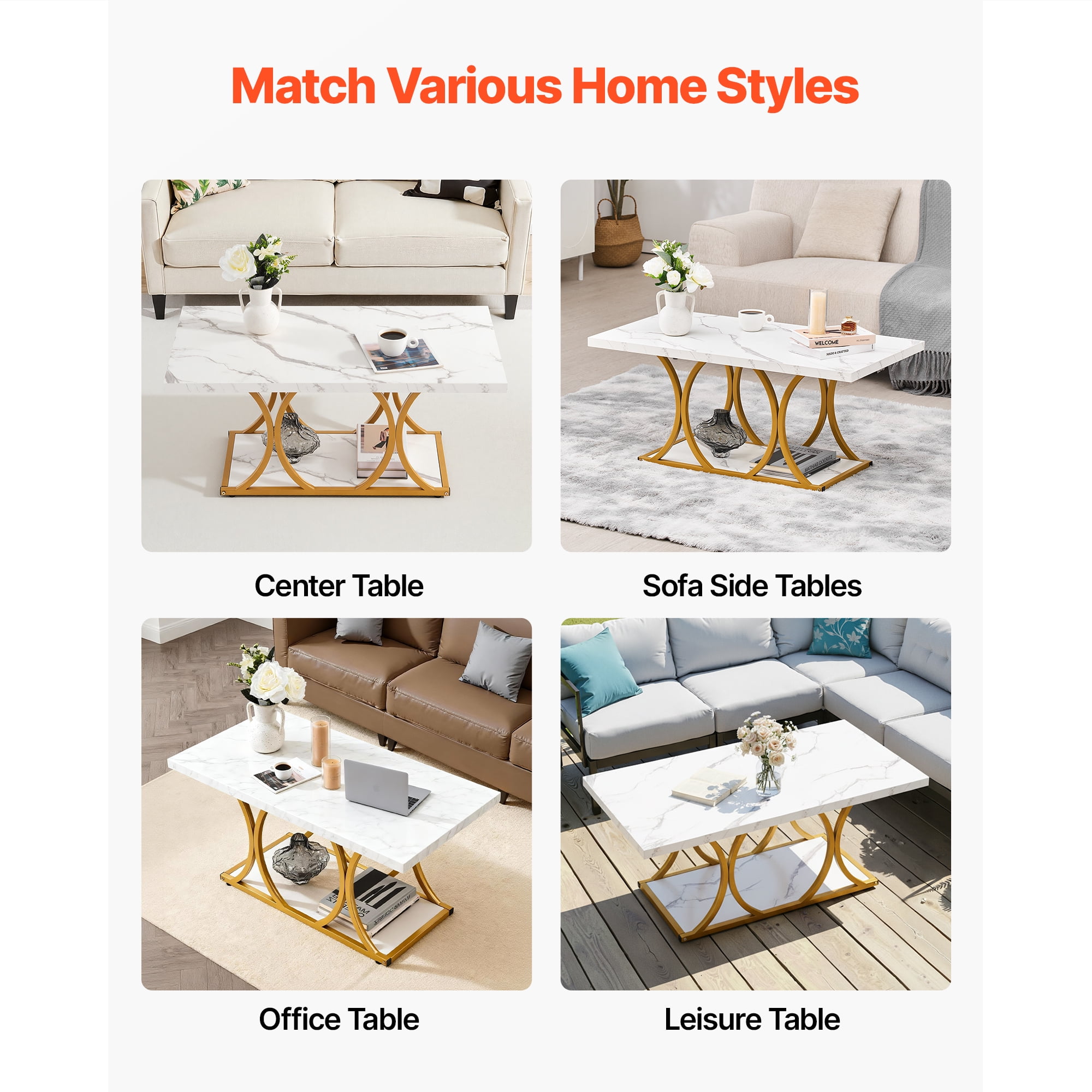 KFFKFF Modern Faux Marble Coffee Table, 2-Tier Rectangular Center Table with Geometric Metal Legs, Minimalist Design for Living Room or Office, Easy to Assemble, White