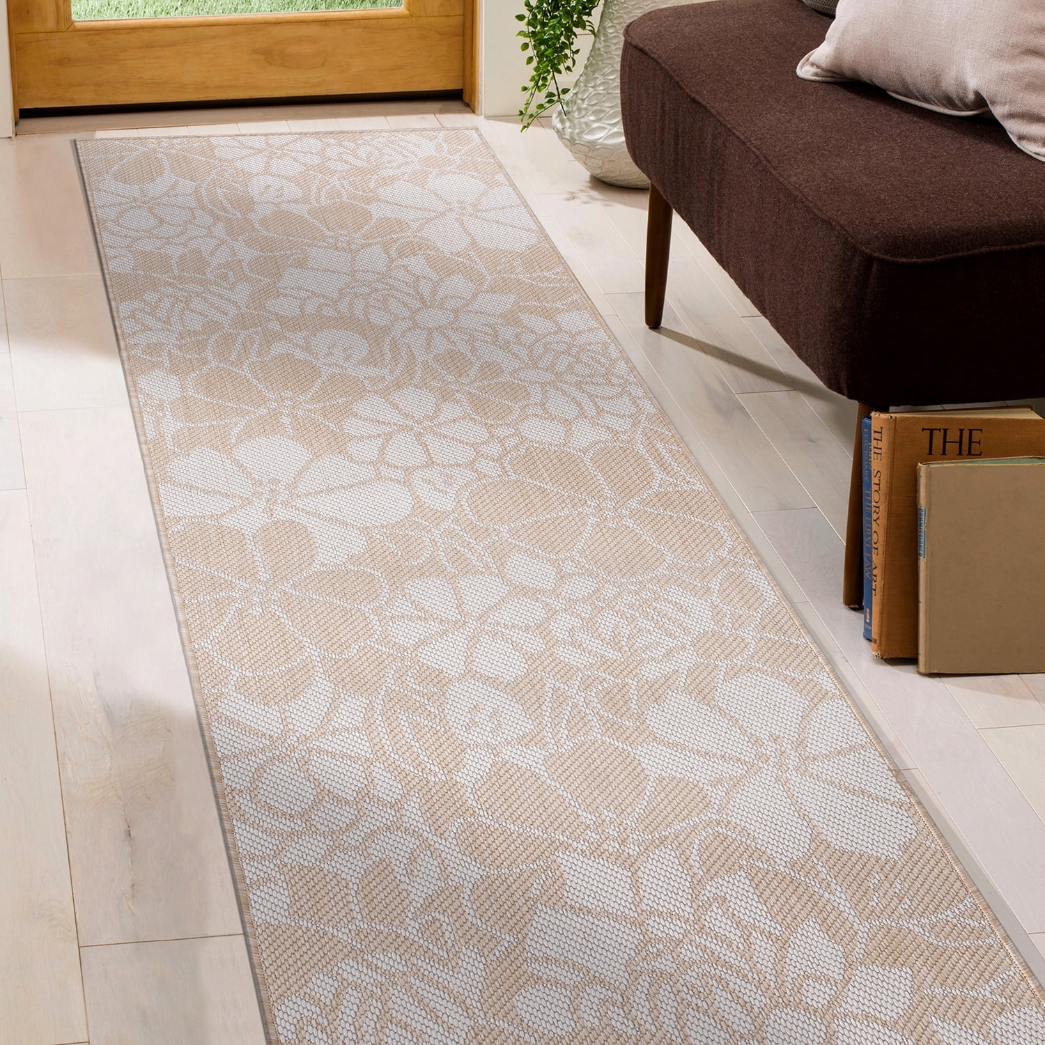 World Rug Gallery Modern Floral Flowers Textured Flat Weave Indoor/Outdoor Area Rug - NATURAL 2'x7'