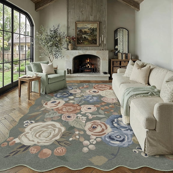 BERTHMEER 9'x12' Scalloped Large Area Rugs for Living Room Floral Rugs for Bedroom Farmhouse Dining Room Office Sage Green Vintage OrangeDusty Blue Carpets Non Slip Washable Flower Rugs