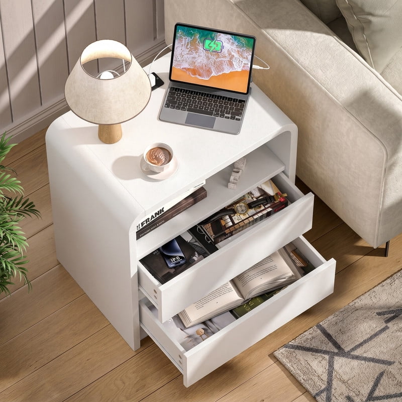 1-PCS Modern Nightstand with Charging Station, Wooden Bedside Storage Table with 2 Handleless Drawers & Open Compartment