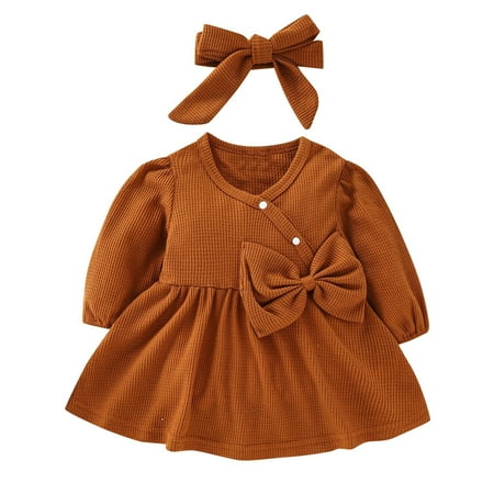 

ZMHEGW Toddler Kid Baby Girls Long Sleeve Bowknot Solid Princess Dress With Headbands Outfits Set 2Pcs Clothes Spring Clothing