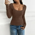 thumbnail image 2 of Htigea Women's Shirts Lace Trim Square Neckline Long Sleeve Stretch Slim Fit Base Layer Tops Lightweight Fall Winter Shirt Brown S, 2 of 5
