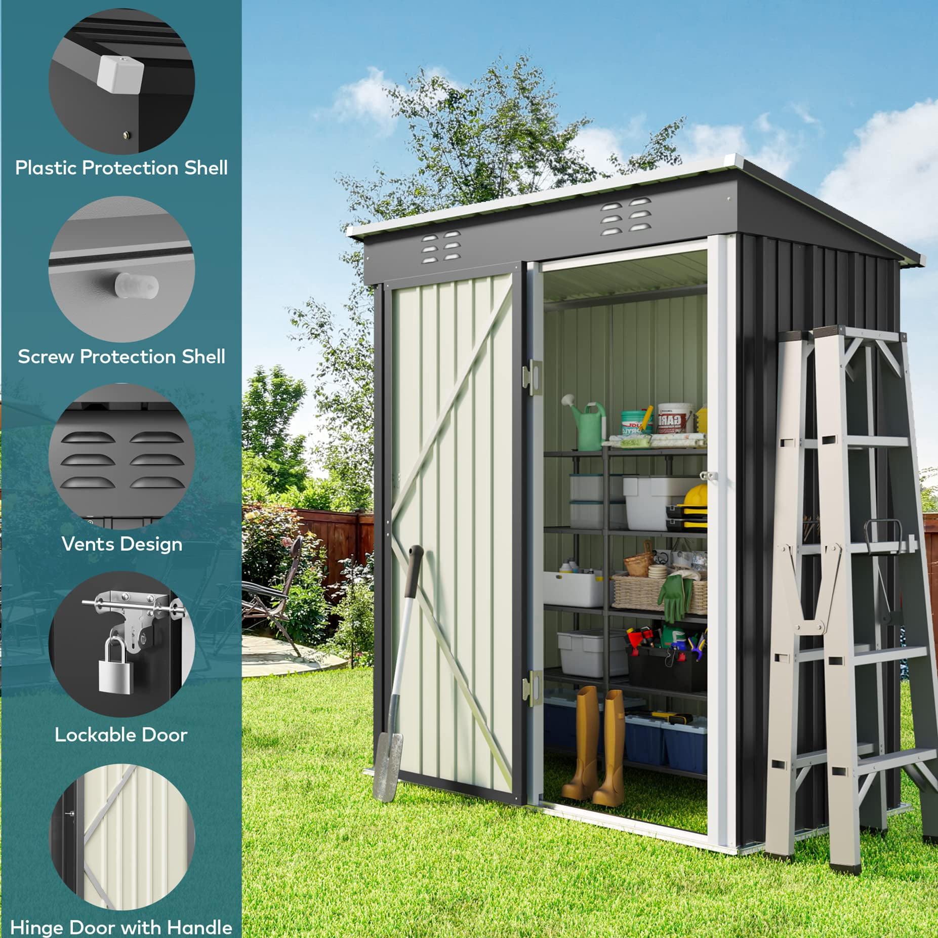 5x3 ft Outdoor Storage Shed, Metal Garden Tool Shed with Lockable Doors, for Outsides,Yard, Backyard Patio, Lawn - Dark Gray