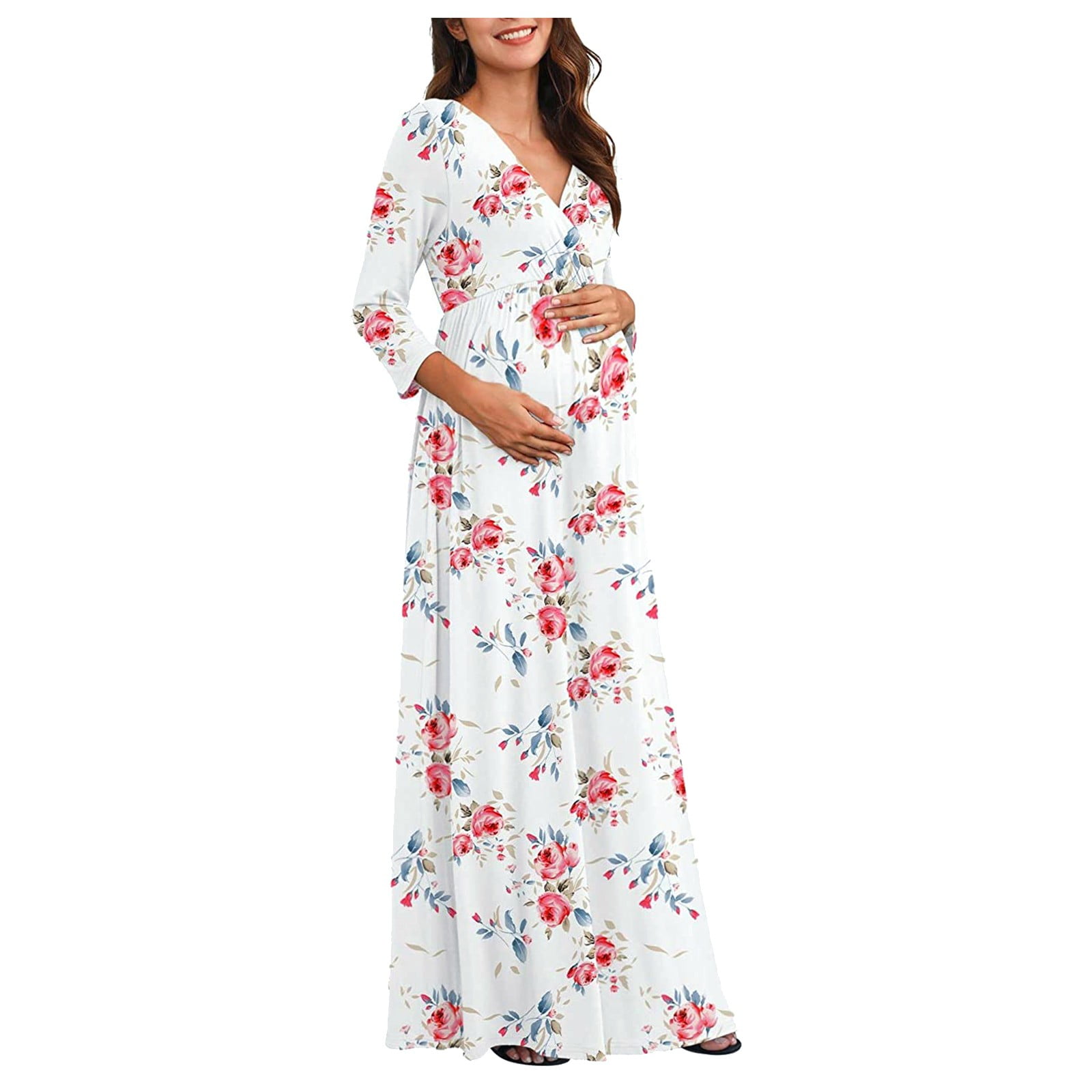 Women Maternity Pregnancy Casual 3/4 Sleeve V-neck Maxi Wrap Long Dress -  Walmart.com