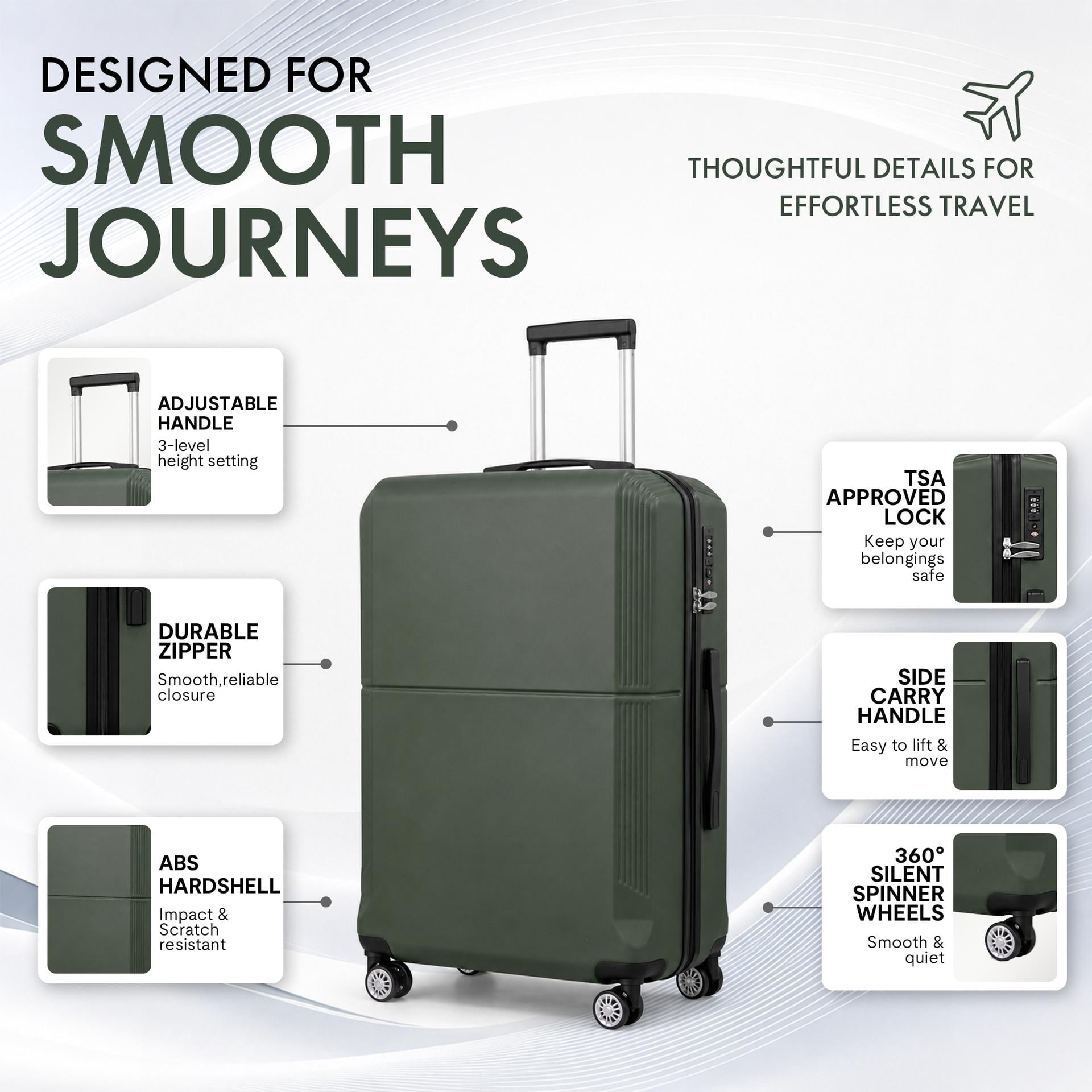 3-Piece ABS Hardshell Luggage Set, Lightweight Durable Suitcases with TSA-Approved Lock, 4 Silent Spinner Wheels & Scratch-Resistant Ribbed Shell, 20"/24"/28", Green