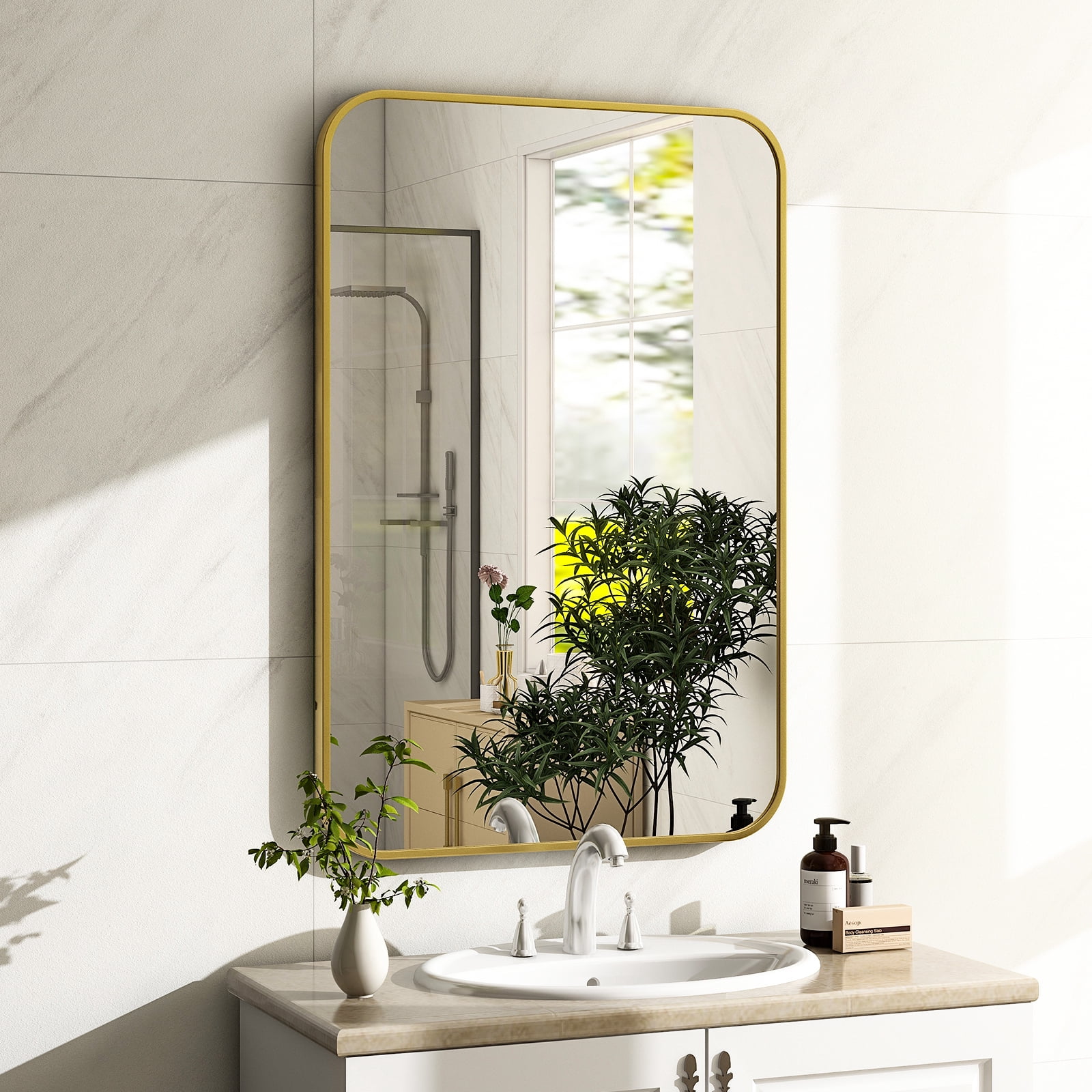 Lumora 36"x24" Rectangular Bathroom Mirror with Round Edge Wall Mounted Wall Mirror, Gold