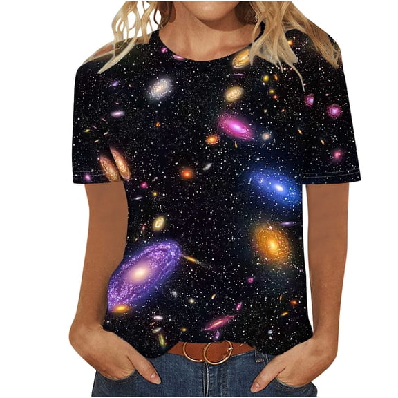 DailyTrove Womens Dark Space Planet Nebula Print Short Sleeve T-Shirt - Loose Fit Casual Daily Outfit,Purple,XXXL