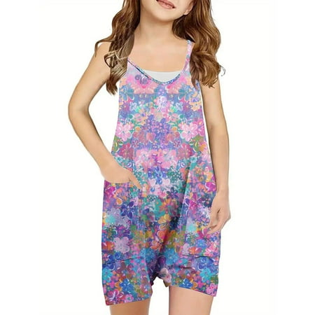 AJTQTH Rompers for Girls Cute Cartoon Printed Jumpsuit V-Neck Spaghetti Straps Onesie with Pockets Comfy Lightweight Playsuit Bodysuit Outfits for Summer Casual Purple#01 9 Years