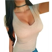 Plus Size Low-Cut Cleavage Wide Band V-Neck T-Shirt Short Sleeve Tee Top