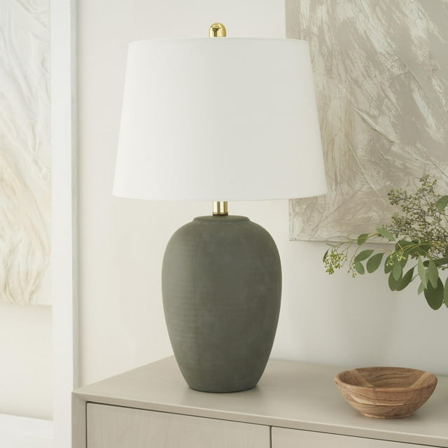 Lámpara Nourison, cerámica, 59 cm, pantalla verde oliva y blanca