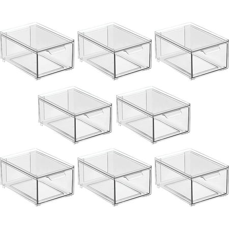 

Plastic Stackable Bathroom Storage with Pull Out Bin Organizer Drawer for Cabinet Vanity Shelf Cupboard Cabinet or Closet Organization - Lumiere Collection - 8 Pack - Clear