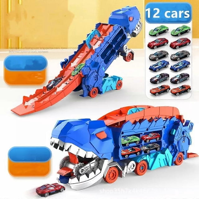 dinosaur transport with metal cars, city dinosaur ultimate hauler track toy juguete camión-dinosaurio azul en vista 3/4 con mandíbula abierta y rieles rojos extendidos; diseño 3-en-1 que traga hasta cuatro coches metálicos, se transforma en dinosaurio de doble riel para carrera y almacena más de 16 autos en ranuras laterales; incluye 12 autos de aleación. Medidas: 432 x 175 x 143 mm (17.01 x 6.89 x 5.63 in). Adecuado para edades 3–7+; también es útil como set portátil para carreras entre dos coches.