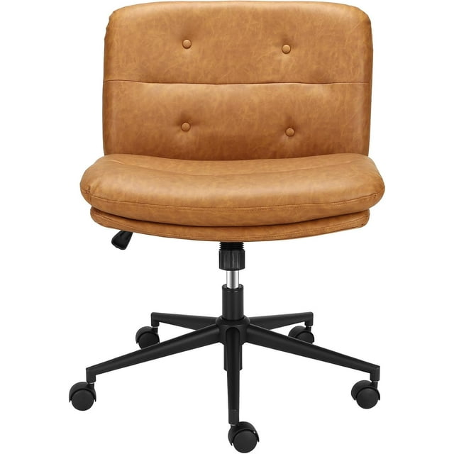 Silla de Oficina con Patas Cruzadas, Silla sin Brazos con Ruedas, Silla Giratoria para Tocador, Asiento Amplio Ajustable, Color Marrón