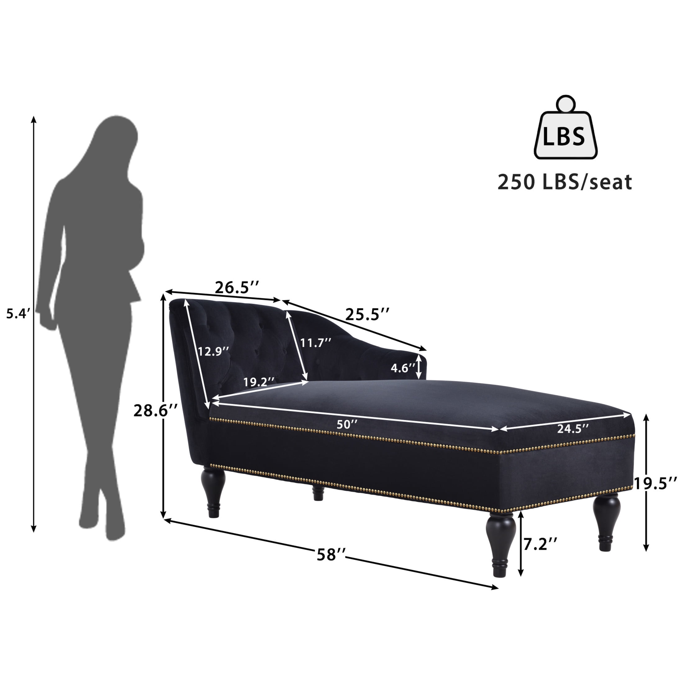 Noble House 58" Right-Arm Facing Velvet Chaise Lounge with Button Tufting and Nailhead Trim, Sleeper Lounge Sofa, Black