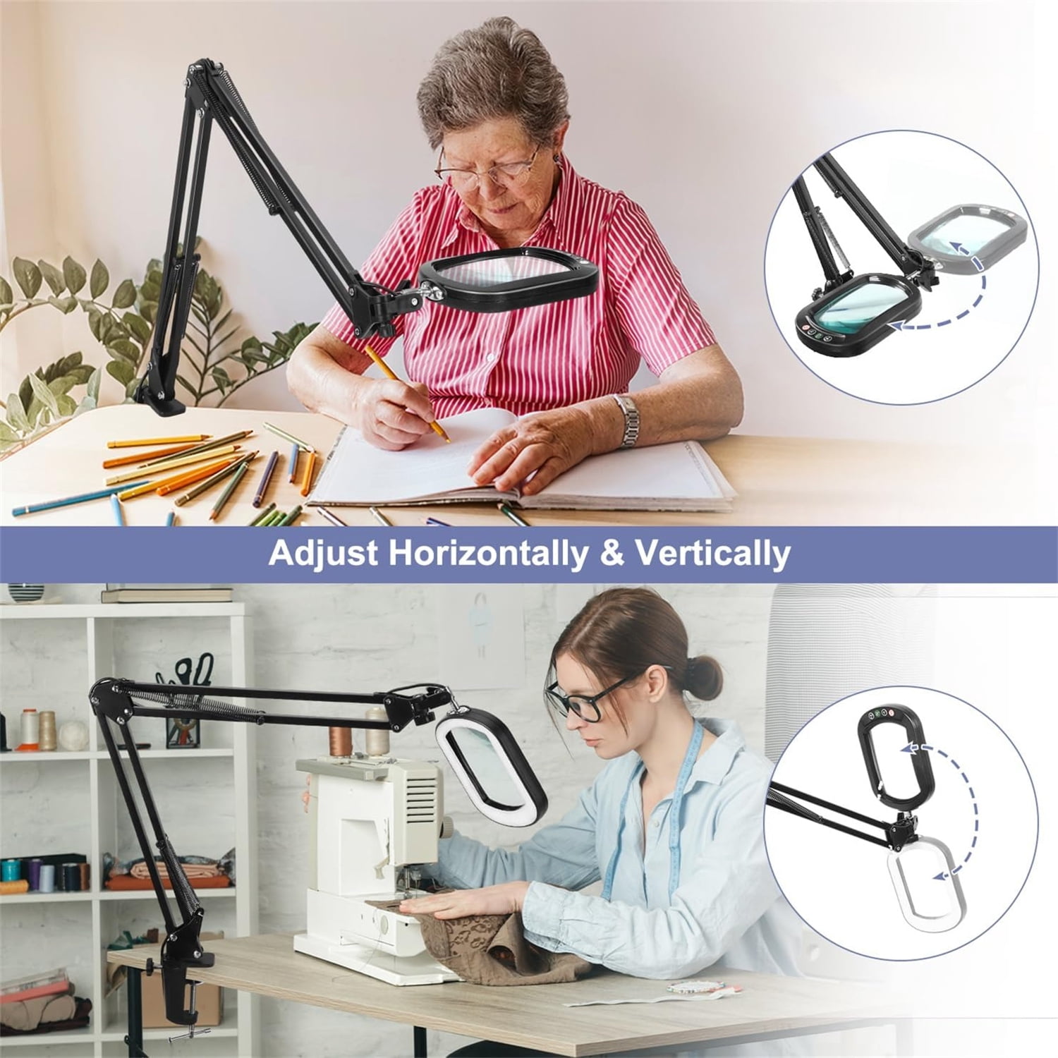 Large Magnifying Glass with Light and Clamp,  Optical Glass Lens, 5 Color Modes, Stepless Dimmable, LED 2*14 Inch Swing Arm Lighted Magnifier Hands Free for Crafts, Reading