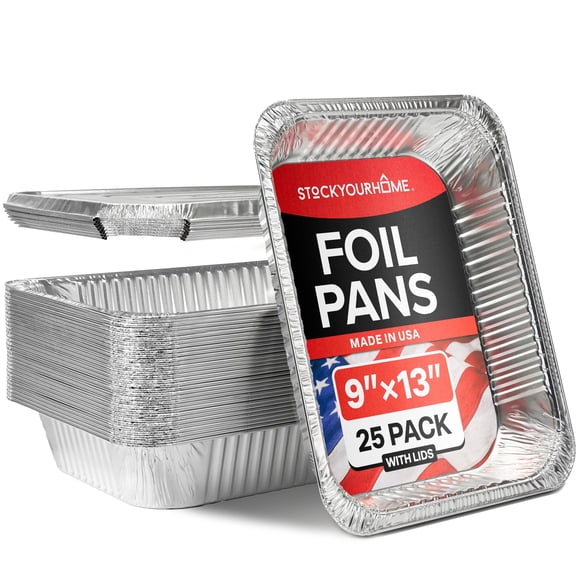 Stock Your Home Made in USA Foil Pans with Lids - 9x13 Aluminum Pans with Covers - 25 Foil Pans and 25 Foil Lids - Disposable Food Containers Great for Baking, Cooking, Heating, Storing