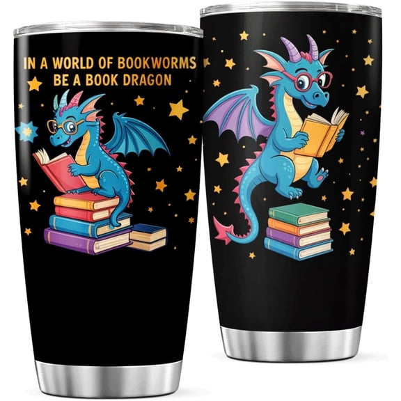 Book Dragon Reading Design Stainless Steel 20 Oz Tumbler For Lovers Teachers Students Fantasy Fans Bottle Insulated Hot Cool Coffee Heat Drink Outdoor Travel Iced Mug