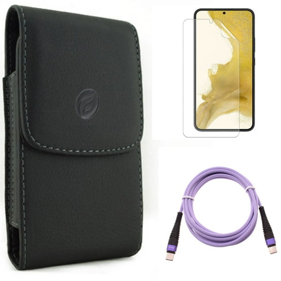For Samsung Galaxy S21 (6.2") - Anti-Glare TPU Film Matte Screen Protector   Fast Charger Cord Type-C to USB-C Purple 10ft PD Cable   Holster Leather Case Belt Clip