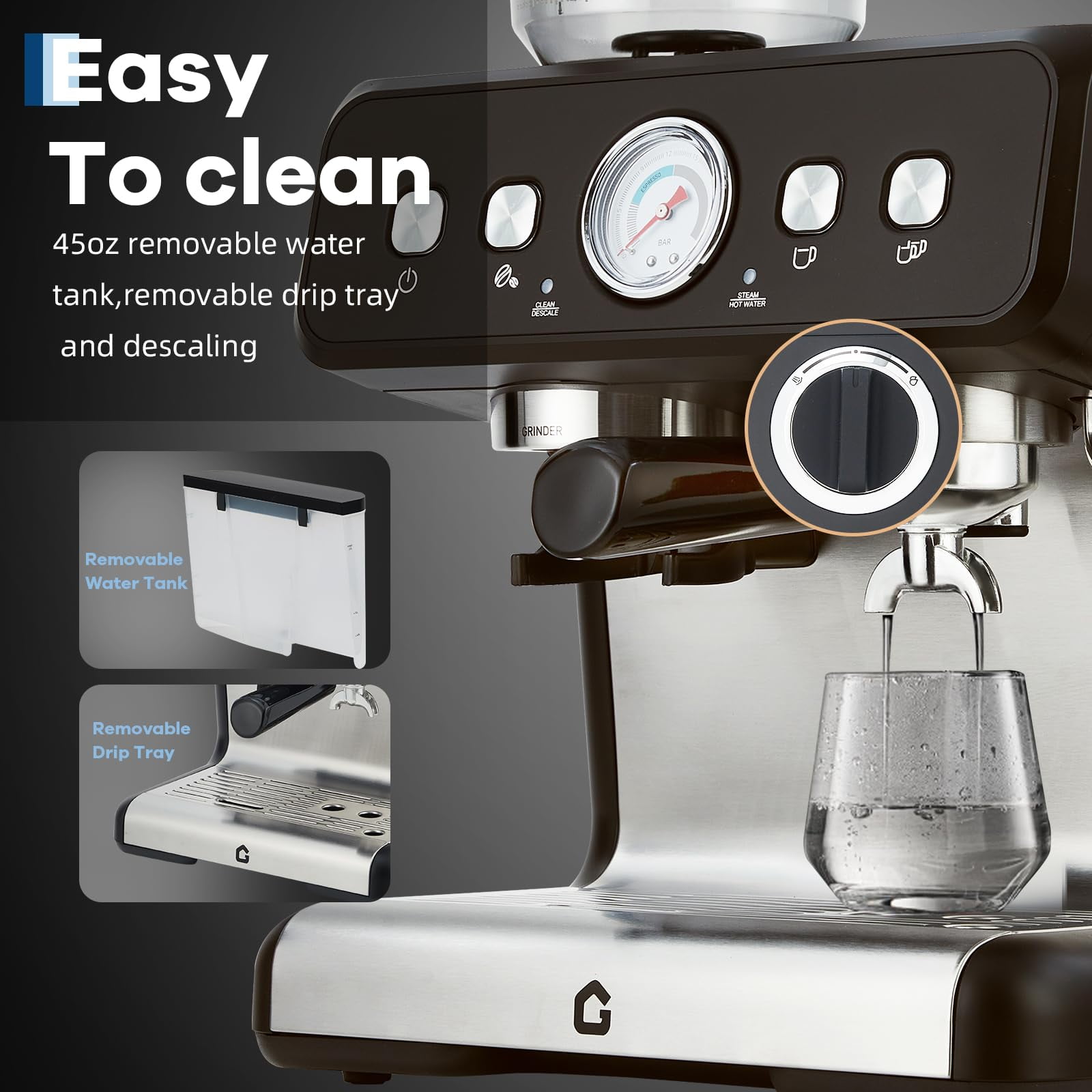 Juiluna 20 Bar Pressure Stainless Steel Espresso Machine with Grinder, 2.8L Removable Water Tank, Milk Frother Steam Wand for Latte/Cappuccino - Adjustable Shot Volume, Professional Home/Office Use