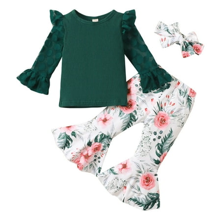 

ZHAGHMIN Summer Dresses for Girls Toddler Baby Girls Suit Lace Dot Printed Flare Sleeve Tops T-Shirt And Sunflower Floral Flare Pants Suit New Born Baby Clothes for Girl Baby Girl Blankets Under 10