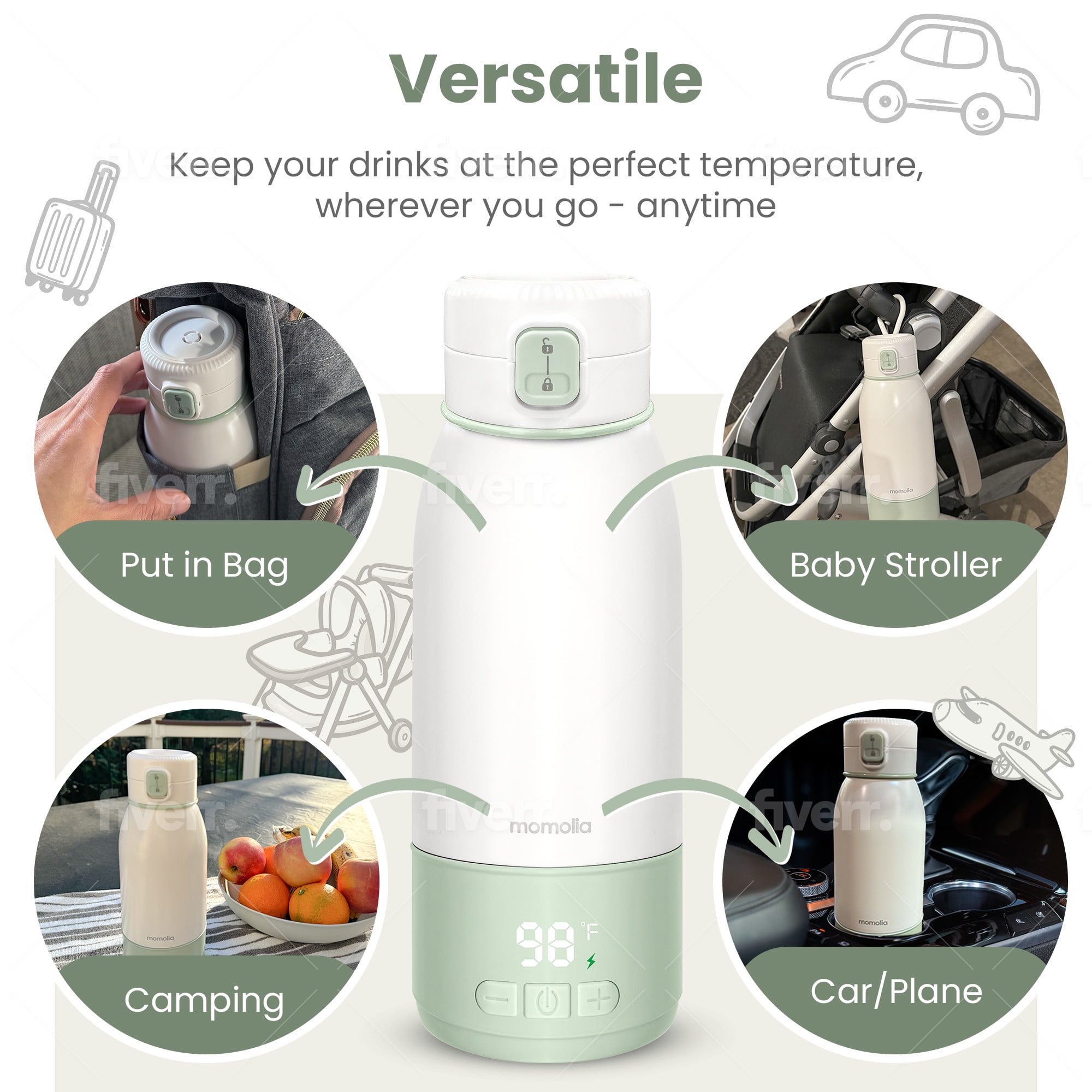 Portable Milk Warmer for Travel, 17 oz Capacity, 3 Min Fast Heating & Long Battery Life, Baby Bottle Warmer for Breast Milk and Water On-The-Go, Pasteurization Mode, Meets Full Day Feeding Needs