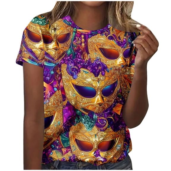 Levmjia Womens Tops Casual Round Neck Short Sleeve T Shirt Loose Fit Carnival Printed Blouse Comfortable Party Everyday Wear Fashion Tee