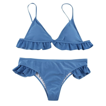 Ploknplq Women s Two-piece Swimsuit Women Padded Push-up Bra Bikini Set Ruffles Swimsuit Low Waist Bathing Suit Swim Summer Swimwear Navy M