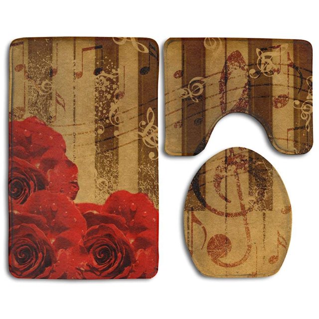 ABPHQTO Notas y rosa grunge retro Juego de alfombras de baño de 3 piezas Alfombra de baño Alfombra de contorno y tapa de inodoro ABPHQTO Cont-CHAPPLE-32444