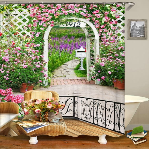 200x180cm bathroom waterproof shower curtain European garden scenery beautiful flower town printing home decoration curtain