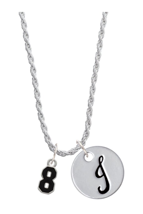 Silvertone Black Number - 8 Silvertone Script Initial Disc - J - Charm Necklace, 20"+3"