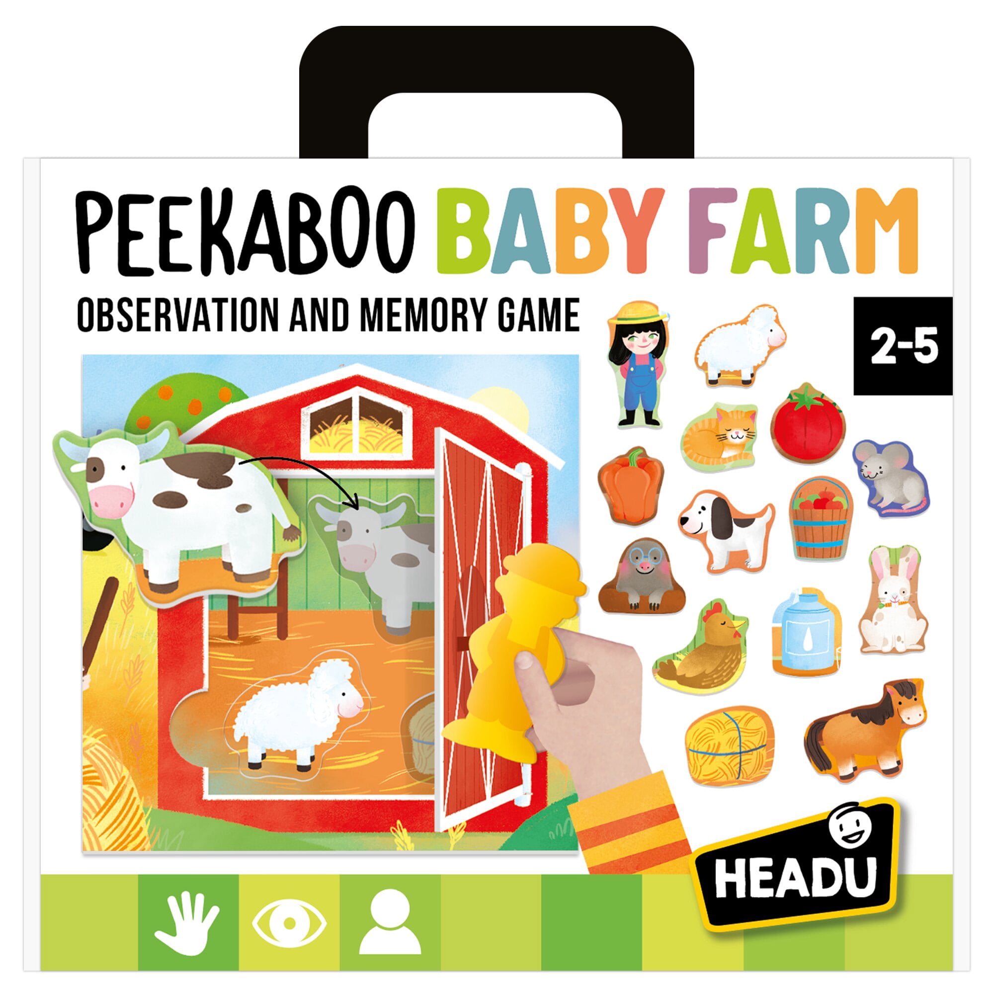 Headu: Peekaboo Baby Farm - Observation & Memory Game, Animal Tile Shape Matching, Open-Close Scene Panels, Manual Lock & Key Activity, Toddlers 2-5