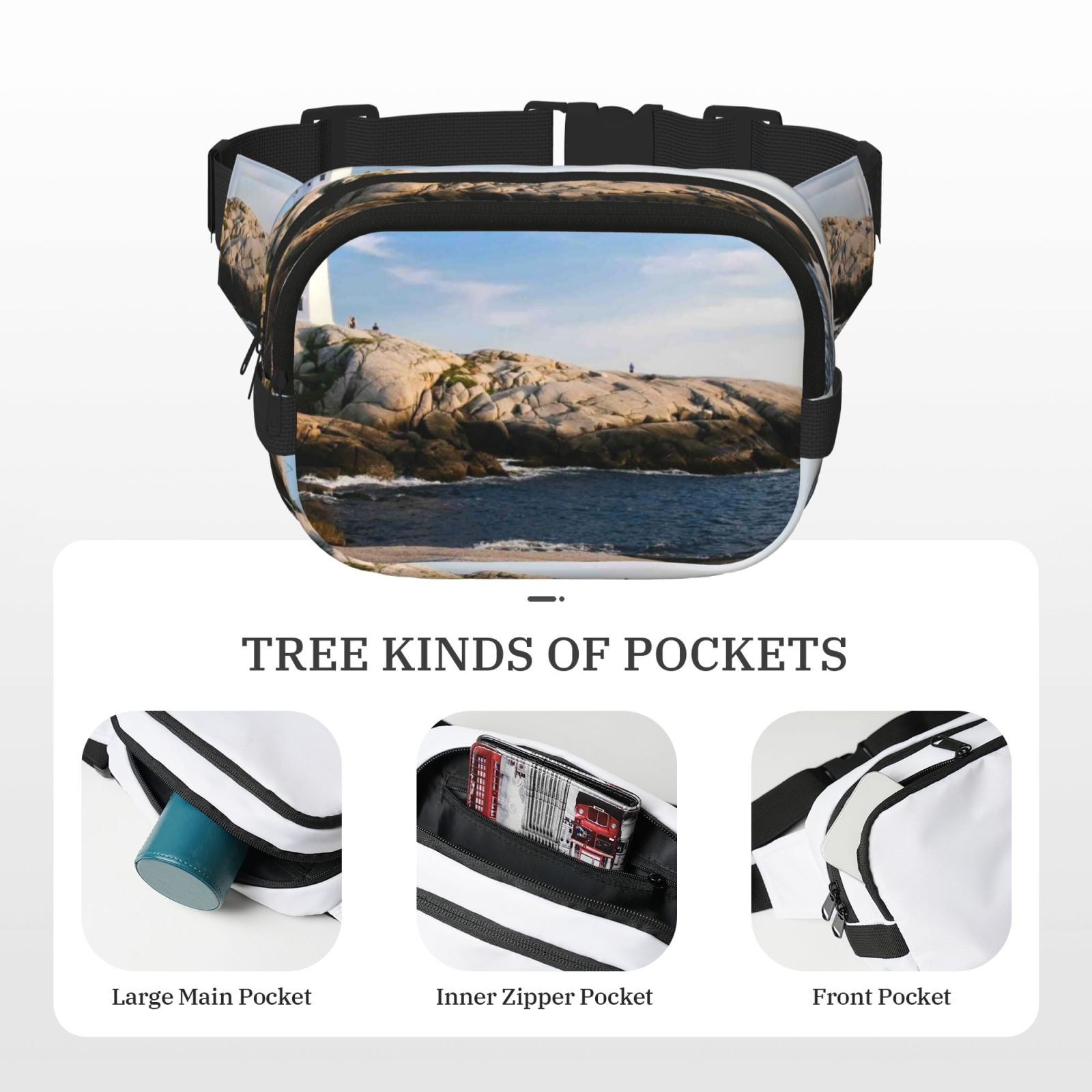 Picia Lighthouse Print Square Double-Layer Waist Bag Mini Adjustable Waist Belt Bag Exercise Running Travel Hiking
