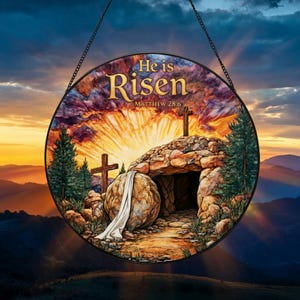 He Is Risen Empty Tomb Faux Glass Suncatcher, Matthew 28:6 Faith Decor, Suncatcher Window Hanging, 3.5 in