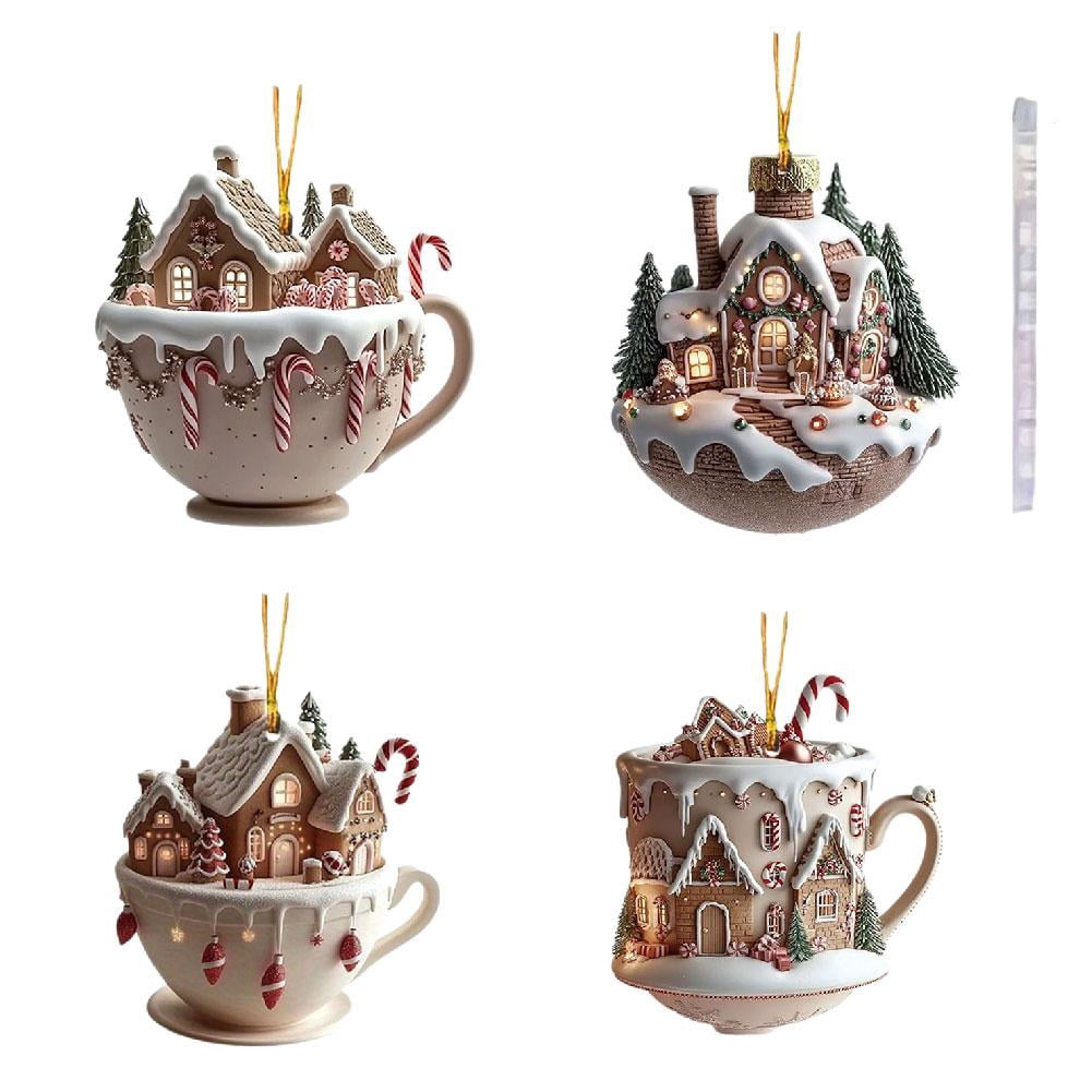 Décoration De Noël En Forme De Tasse De Chocolat Chaud Et Maison Enneigée - Ornement En Acrylique 2D - Pour Sapin, Sac, Intérieur De Voiture - Cadeau De Fêtes