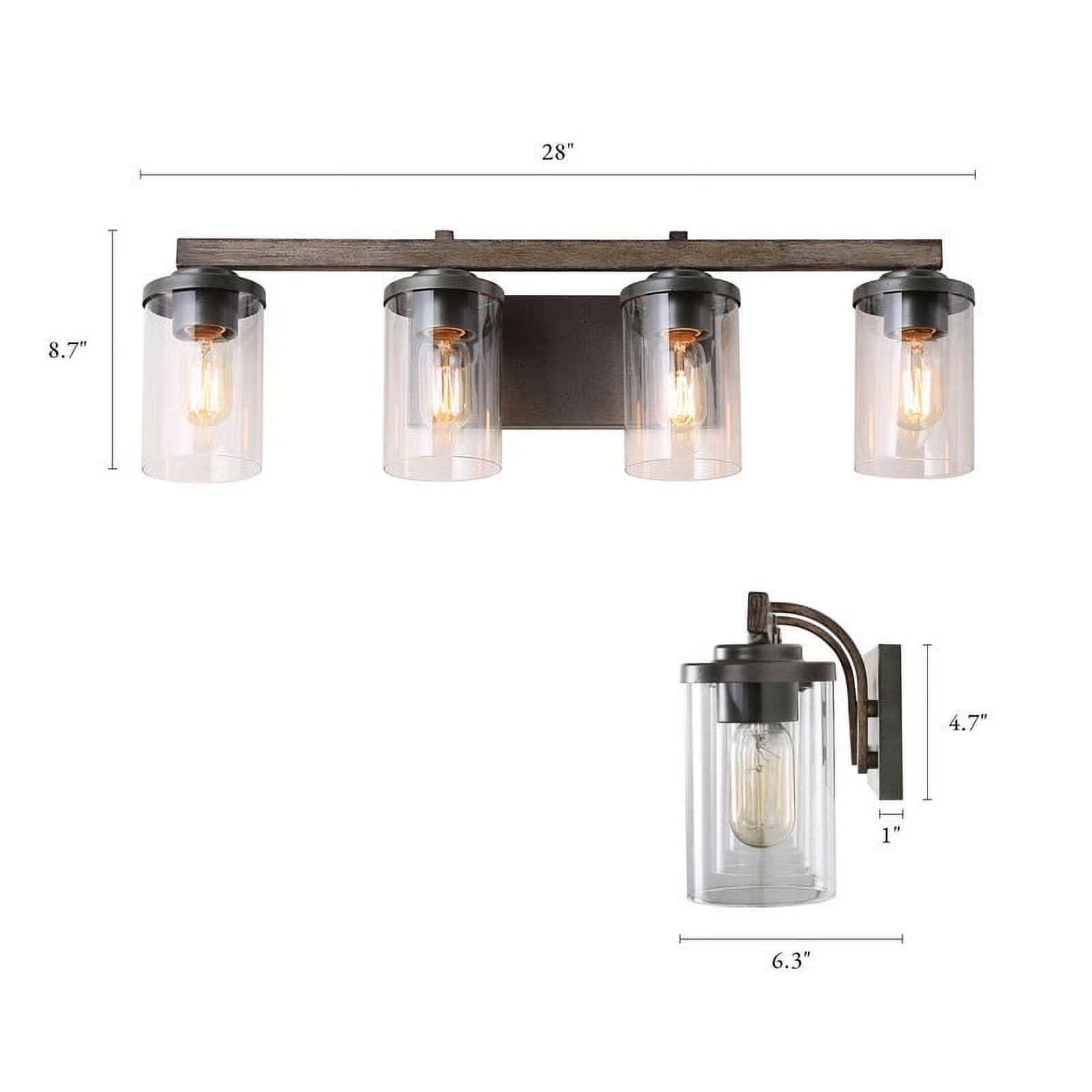 LNC 4-Light Black Cylinder Clear Glass Modern Farmhouse Wood Tone Bathroom Vanity Light
