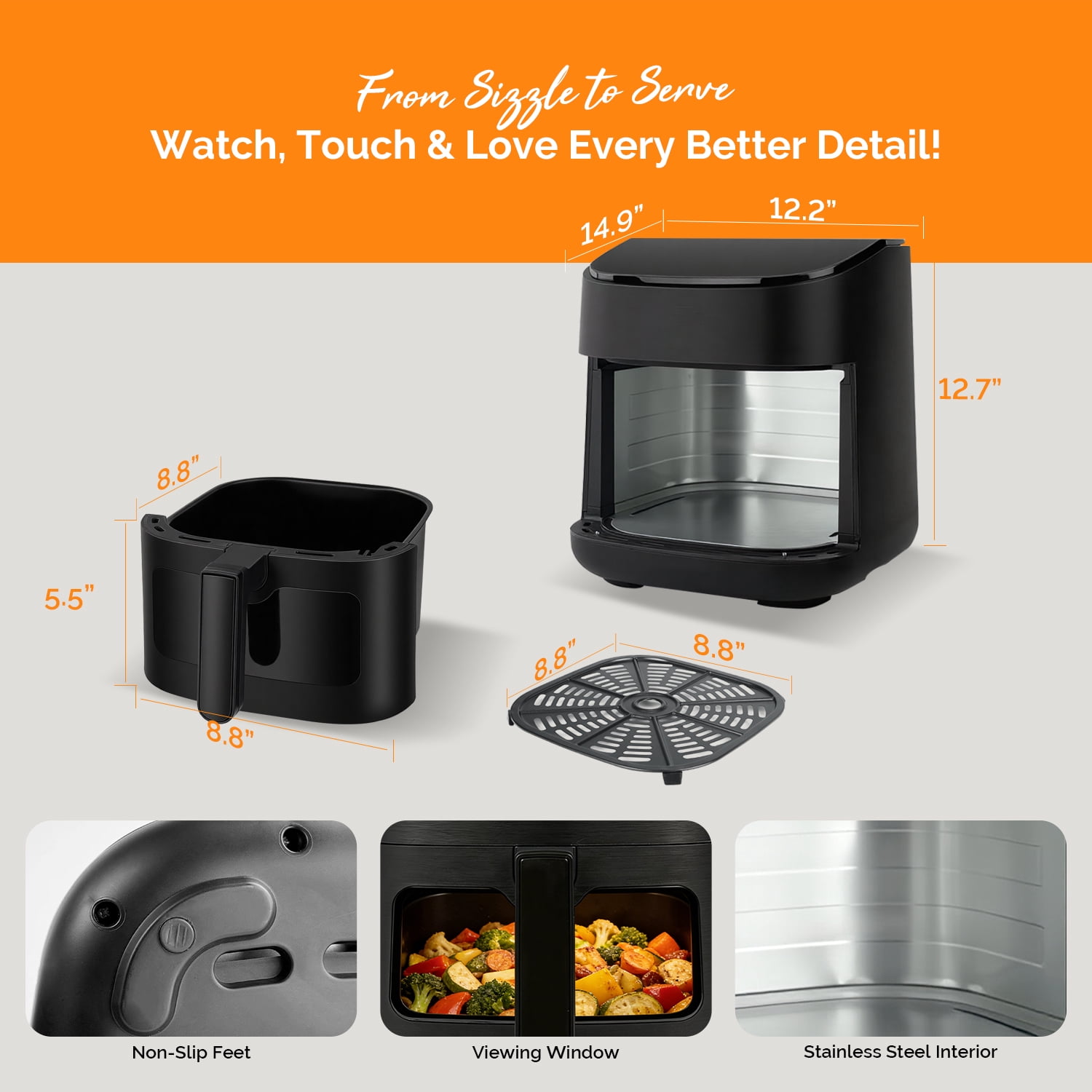 MIRASTON 6.8QT Smart Digital Air Fryer with Visual Window, 8 Presets Recipes for Fast Easy Meal, Snack, Dessert, Dishwasher-Safe, for Family Dinner