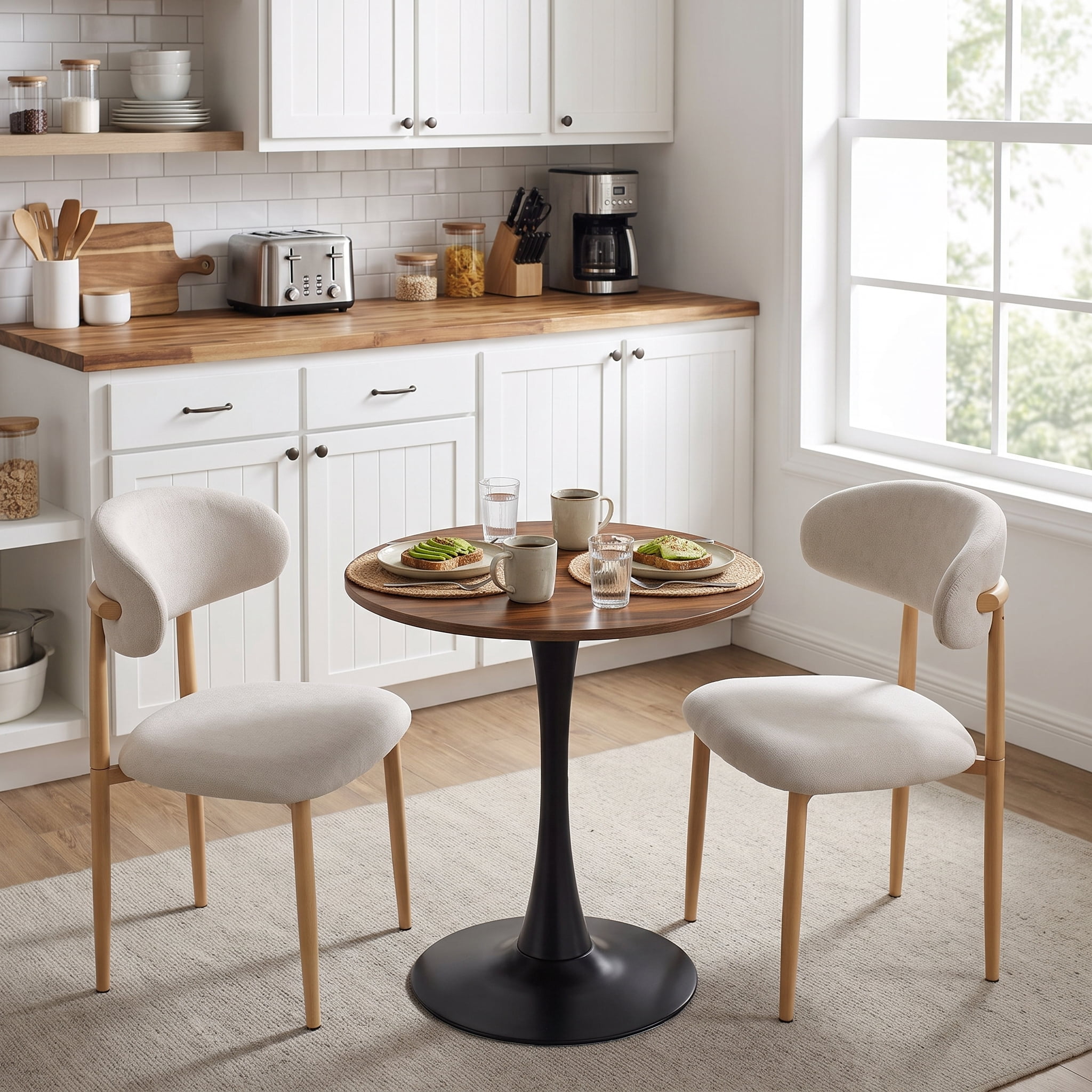 Homy Casa 24" Round Dining Table for 2, Small Kitchen Table with Walnut Finish and Black Iron Pedestal Base, Brown