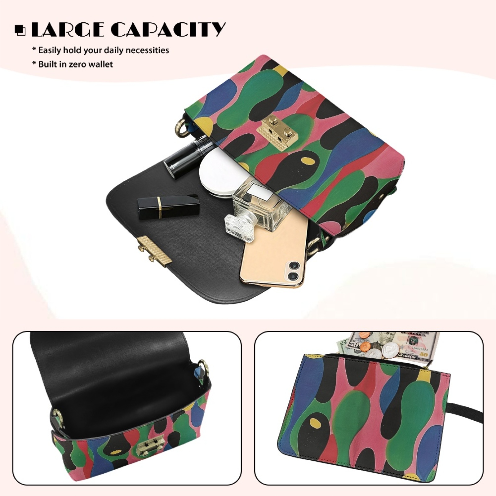 SCRAWLGOD Abstract Geometry Print Green Black Pink Crossbody Bags for Women Crossbody Purse PU Leather Handbags Shoulder Bag Cell Phone Purse with Chain Strap