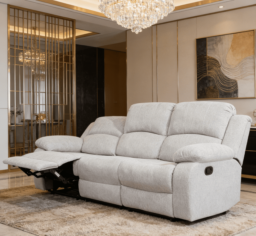 Gewnee Linen Fabric Upholstered Manual Reclining Sofa with 3 Recliners and Cup Holders,Gray