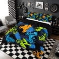 thumbnail image 2 of Meiyoeat Sport Motorcycle King Size Comforter Sets 3Pcs,Graffiti Splash Print Comforters King Size,Blue Green Orange Black,1 Comforter and 2 Pillowcases, 2 of 6