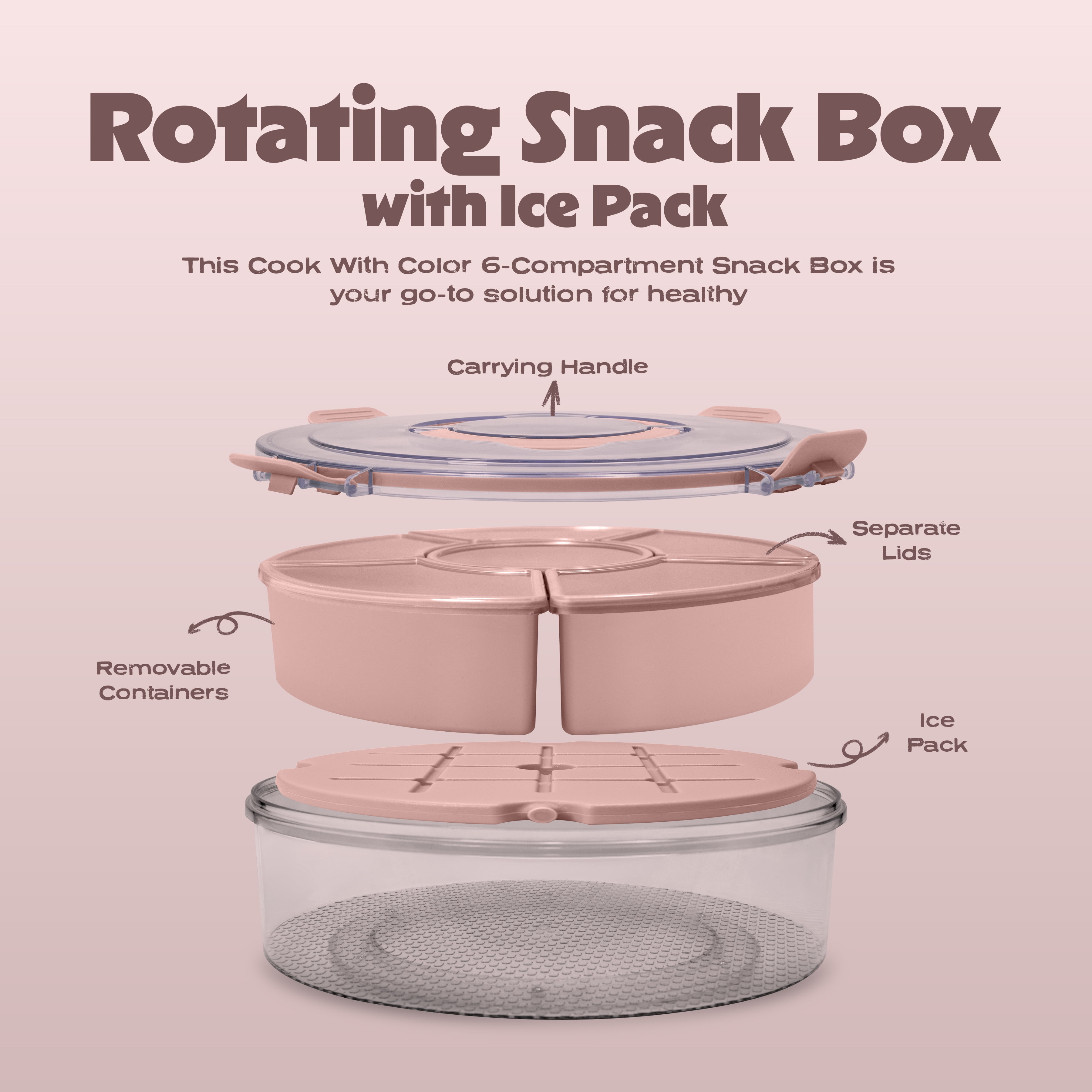 Cook with Color Rotating Snack Box with Ice Block and Carry Handle, Portable Compartments for Lunches and Commutes, Pink
