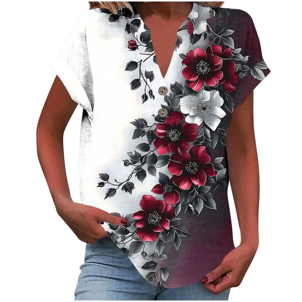 Vestidos Casuales Para Mujer, Blusas De Mujer De Moda Camiseta informal de manga corta con cuello en V y botones para mujer