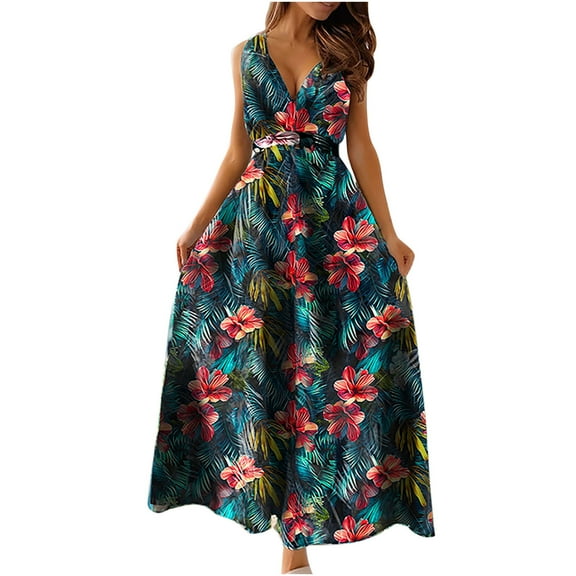 Lovskoo Women's 2024 Summer Boho Beach Dress Floral V Neck Tie Front Sleeveless Flowy Long Dress Maxi Dress Green L