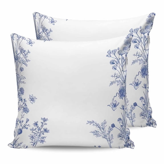 Pillow Covers 24x24 Set of 2, Blue Spring Floral Throw Pillow Covers Decorative Couch Cushion Cover, Summer Flowers Botanical Microfiber Soft Square Pillowcases for Bedroom Living Room Sofa