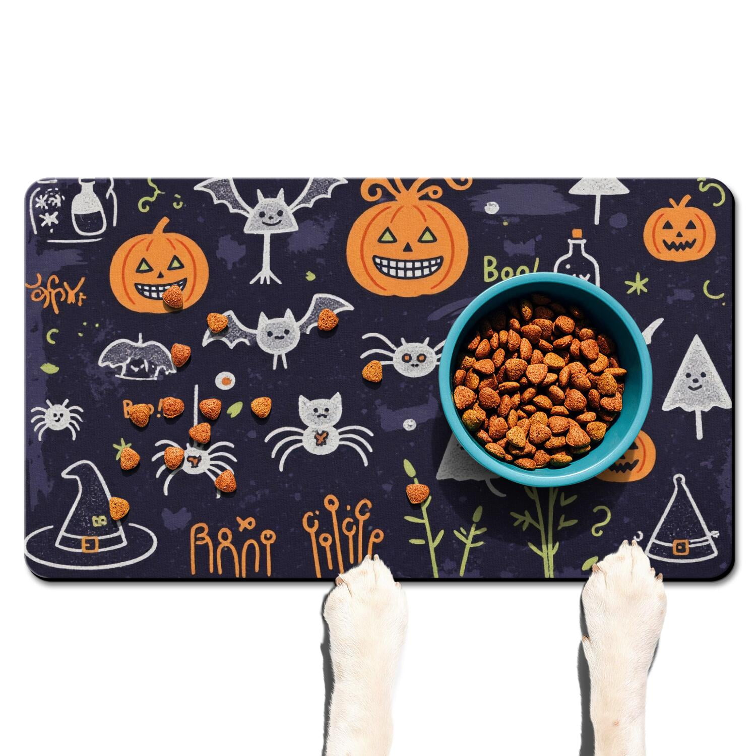 Pumpkin Spooky Pet Food Mat Happy Halloween Pumpkin Ghost Absobing Durable 17x30 Inch Cat Food Mat Cat Mat for Food EcoFriendly Durable Pet Placemat
