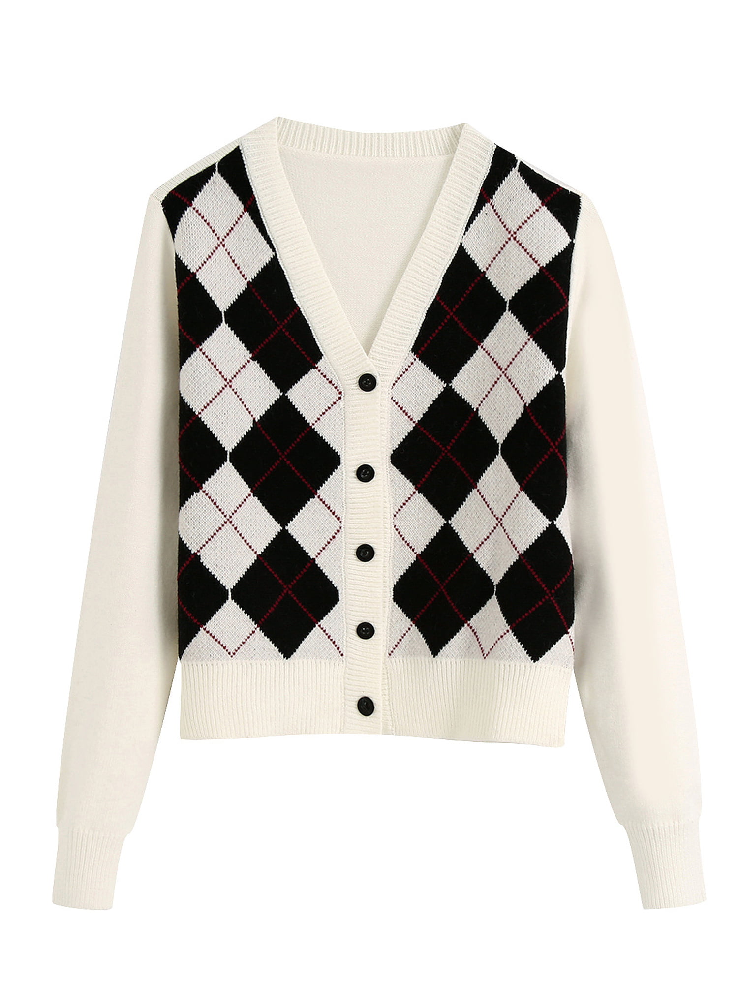 GuliriFei Women V-Neck Checkered Long Sleeve Button Down Argyle Cardigan  Sweater