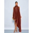 thumbnail image 6 of Brown Satin Halter Neck Asymmetrical Maxi Dress, Sleeveless, Backless, Elegant Party & Evening Wear, 6 of 6