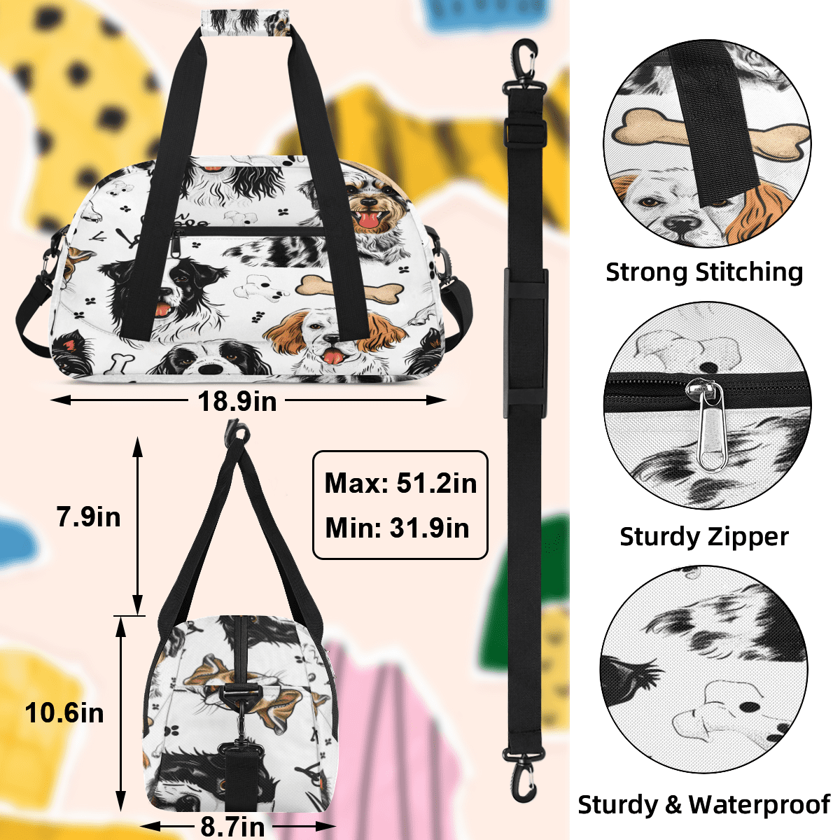 Herdesigns Sports Duffle Bags Travel Duffle Bag Gym Bag Dog Print Weekender Travel Bag Waterproof Overnight Bag Carry On Travel Tote Bag Dance Bags
